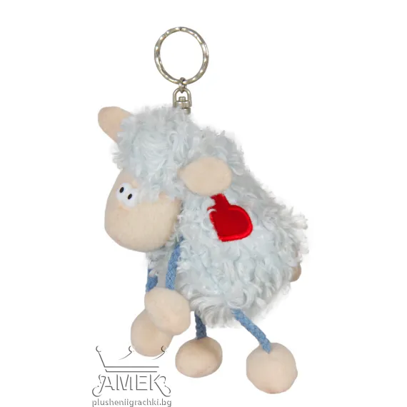 Плюшен ключодържател овца с избродирано сърце Син 10 см