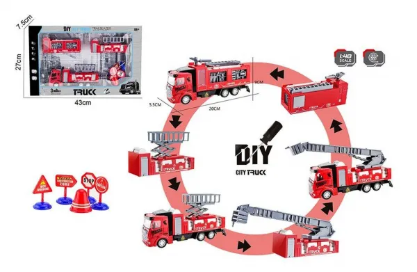 OCIE DIY City Truck Пожарна 1:48 със 3 вида сменящи се ремаркета, пътни знаци 1