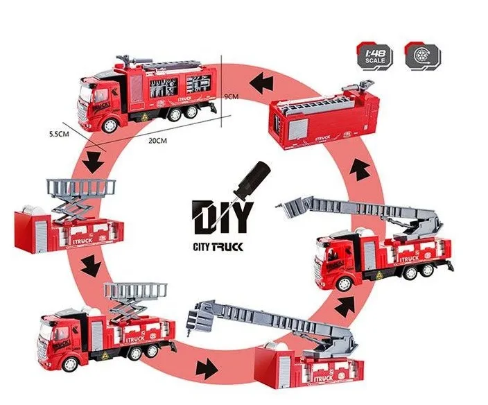 OCIE DIY City Truck Пожарна 1:48 със 3 вида сменящи се ремаркета, пътни знаци 2