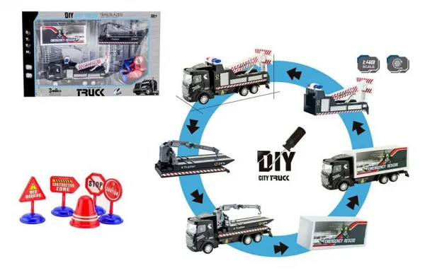 OCIE DIY City Truck Пътна помощ 1:48 със 3 вида сменящи се ремаркета, пътни знаци 1