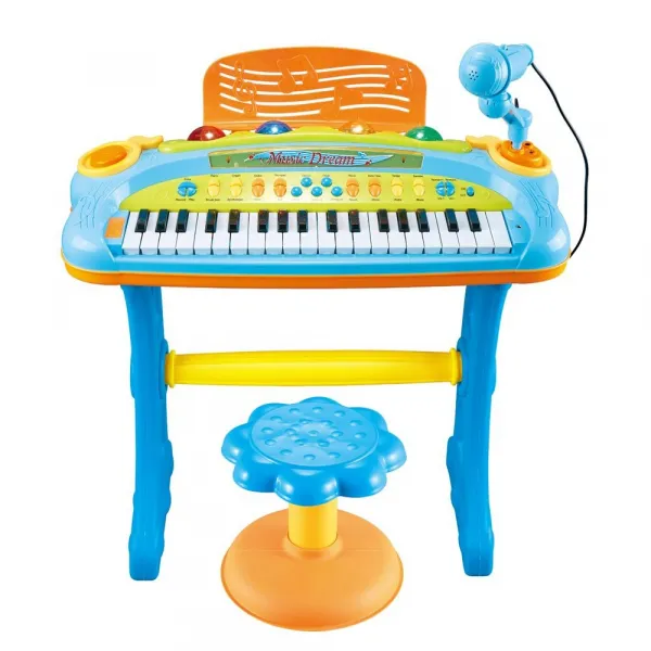 Пиано на стойка със стол и микрофон My Piano 37 клавиша, синьо, порт за слушалки и MP3 устройство  1