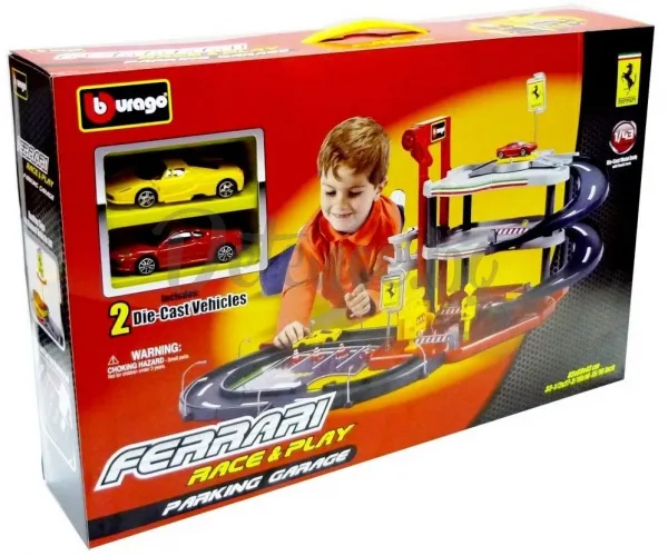 Bburago Ferrari/Ферари - Паркинг/гараж на 3 нива с 2 броя коли, магистрала, бензиностанция, автомивка, асансьор 