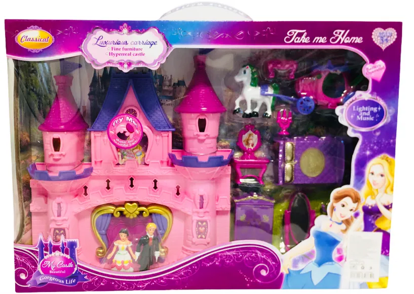Замък за кукли с каляска с коне, мебели със звук и светлини 