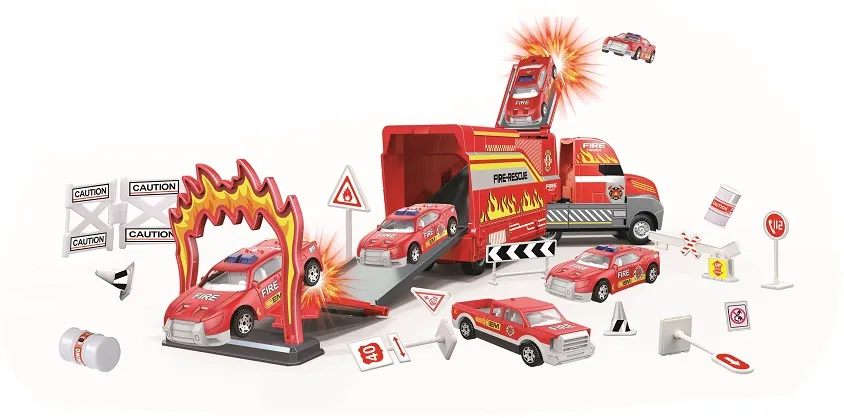 Пожарен камион-писта с метални коли и знаци  2