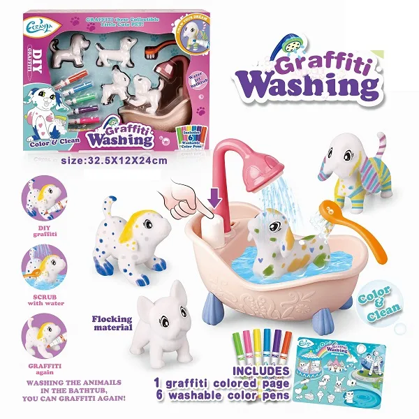 Комплект 4 Бели Кученца, 6 цвята маркери, вана на колелца с душ и четка за къпане