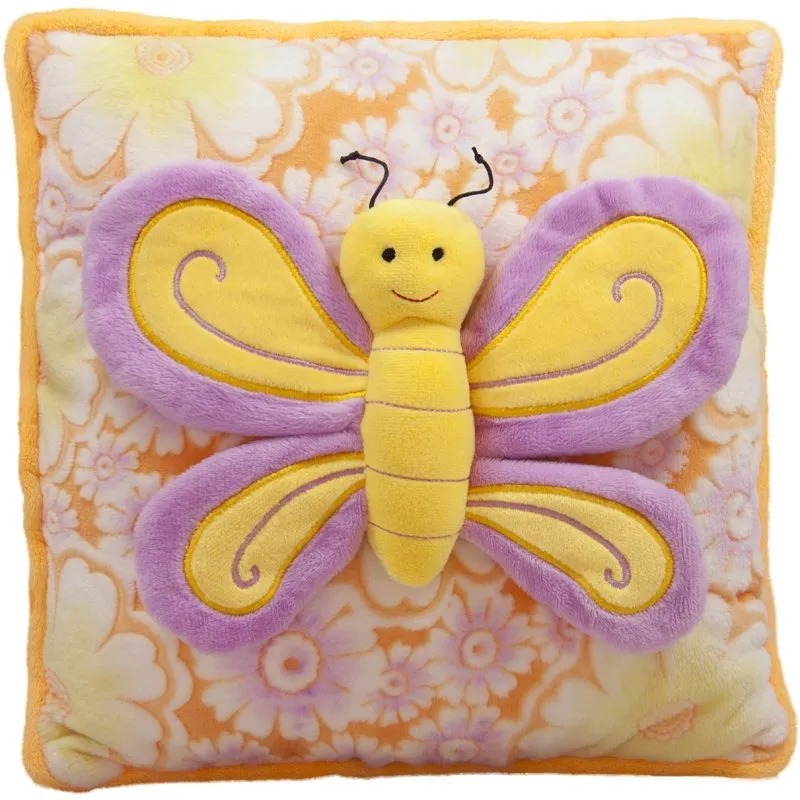 Плюшена възглавница с пеперуда, Жълта с лилава пеперуда, 30х30см