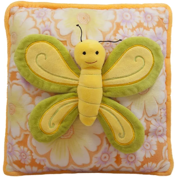 Плюшена възглавница с пеперуда, Жълта със зелена  пеперуда, 30х30см