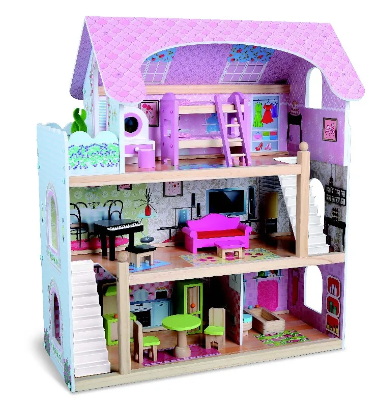 Дървена къща за кукли + мебели и аксесоари  2