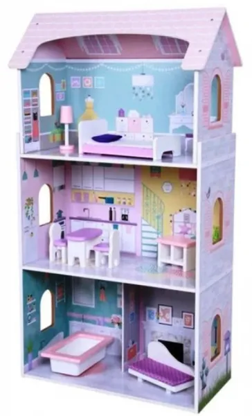 Дървена Къща за кукли в нежни бонбонени цветове на 3 етажа с обзавеждане и аксесоари  1