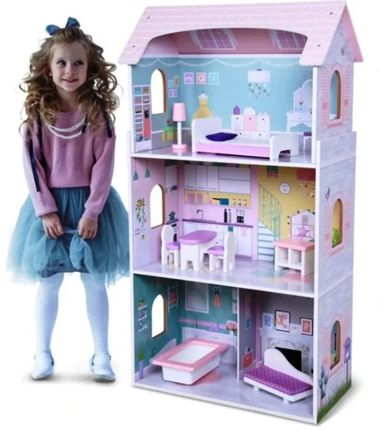 Дървена Къща за кукли в нежни бонбонени цветове на 3 етажа с обзавеждане и аксесоари  2