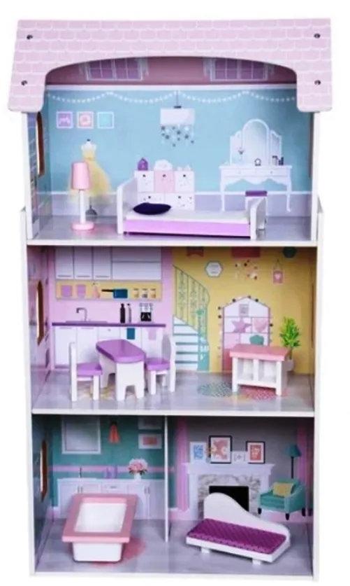 Дървена Къща за кукли в нежни бонбонени цветове на 3 етажа с обзавеждане и аксесоари  3