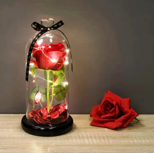Вечна - неувяхваща роза в СВЕТЕЩА LED стъкленица, Оригинален и стилен подарък за Жена 1