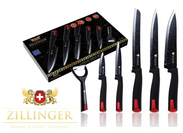 Комплект 5 ножа + белачка Zillinger ZL 893, Незалепващо мраморно покритие, Стомана, Черен 1