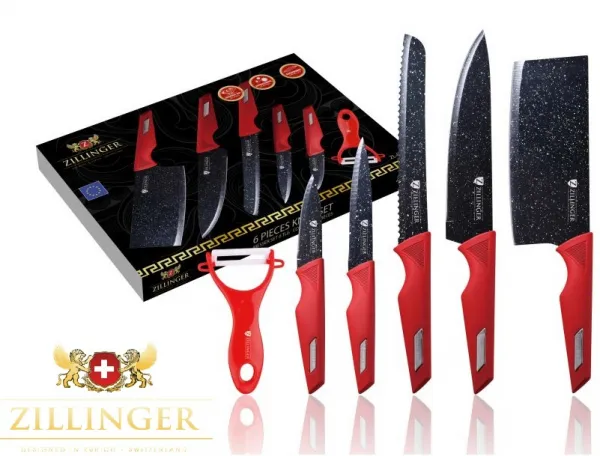 Комплект 4 ножа + белачка + сатър Zillinger ZL-865, Незалепващо мраморно покритие, Стомана, Червен 1