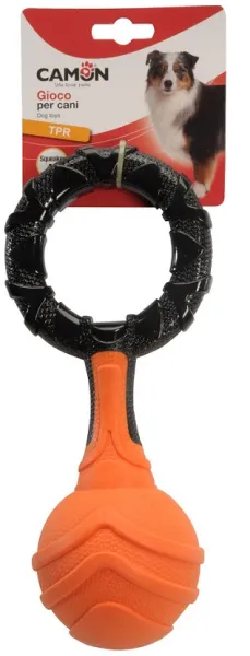 Играчка за куче TPR двуцветна топка с ринг и пищялка.