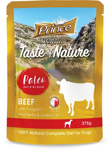 PRINCE TASTE OF NATURE PALEO POUCHES - мокра храна за кучета с говеждо, тиква, диви билки и ленено масло - 375гр.
