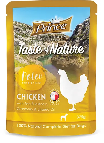 PRINCE TASTE OF NATURE PALEO POUCHES - мокра храна за кучета с пиле, морски зърнастец, червена боровинка и ленено масло - 375гр.