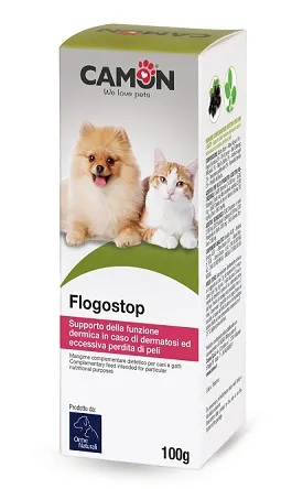 Flogostop е допълваща храна, предназначена за специфични хранителни цели, която действа като опора на кожната функция в случай на дерматози и прекомерна загуба на козина.