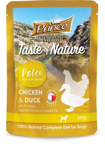 PRINCE TASTE OF NATURE PALEO POUCHES - мокра храна за кучета с пиле, патица и картофи - 375гр.