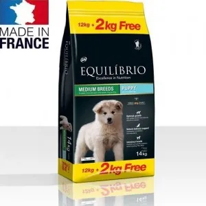 Equilibrio Puppy Medium Breeds - храна за подрастващи кученца от средни породи - 12+2кг. ГРАТИС