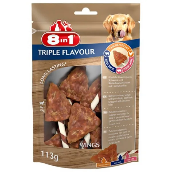 8in1 Triple Flavour Wings - крилца за куче с пилешко филе, говежда и свинска кожа - 113гр.