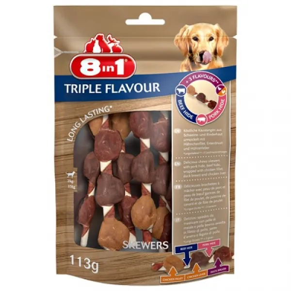 8in1 Triple Flavour Skewers - шишчета за куче с пилешко филе, дроб, патешки гърди, говежда и свинска кожа - 113гр.