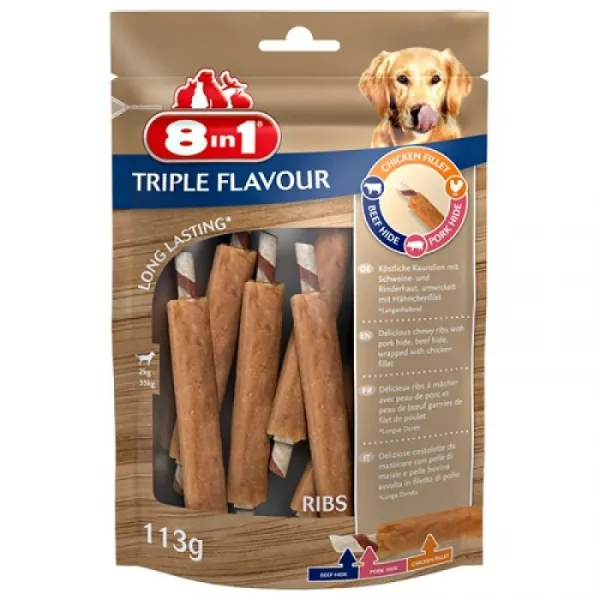 8in1 Triple Flavour Ribs - ребърца за куче с пилешко филе, говежда и свинска кожа - 113гр.