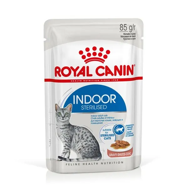 Royal Canin Indoor Sterilised Pouch - консервирана храна в сос за кастрирани домашни котки на възраст над 1 година - 12x85гр.