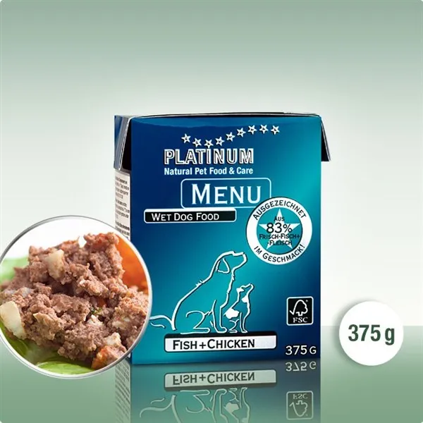 PLATINUM MENU Fish + Chicken - мека храна за кучета с риба и пиле - 375гр.