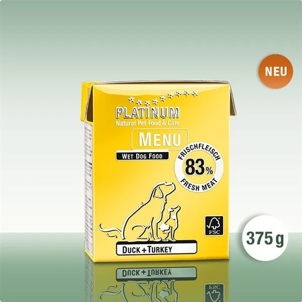 PLATINUM MENU Duck + Turkey  - мека храна за кучета с патица и пуйка - 375гр.