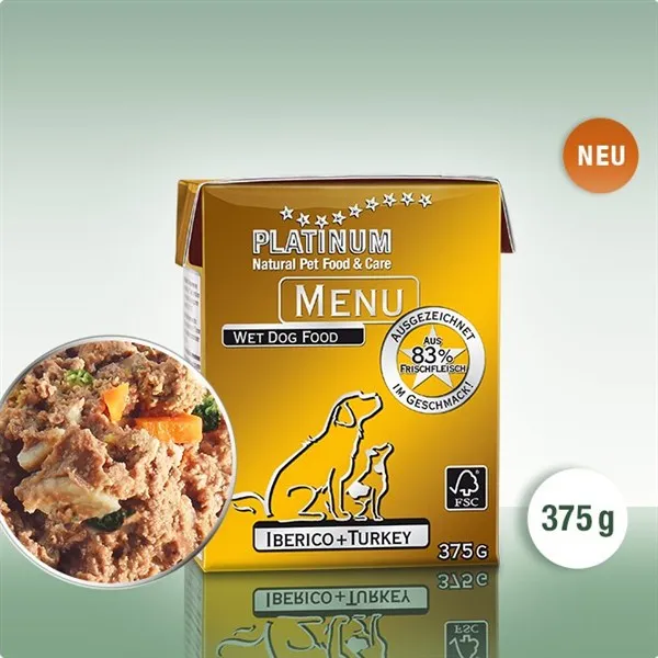 PLATINUM MENU Iberico + Turkey - мека храна за кучета с иберийско свинско и пуйка - 375гр.