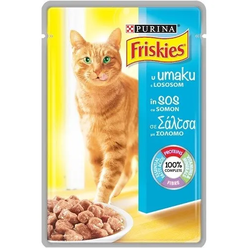 Friskies Adult with Salmon in Sauce - мокра храна за израснали котки със сьомга в сос - 85гр.