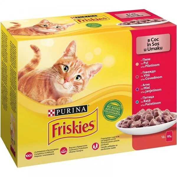 Friskies Multipak Adult with Mixed Selection in Sauce - мокра храна за израснали котки над 1г. с пилешко, говеждо, агнешко и патешко месо в сос - 12х85гр.