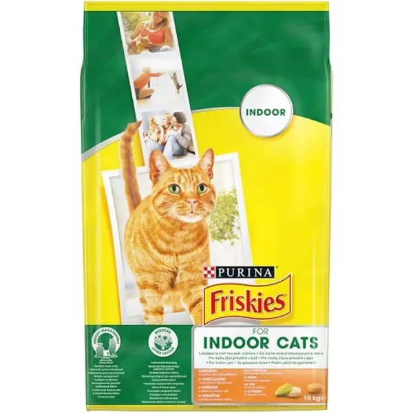 Friskies Cat Adult Indoor Cats - суха храна за израснали котки над 1г. живеещи в затворени помещения с пилешко месо и градинска трева - 10кг.