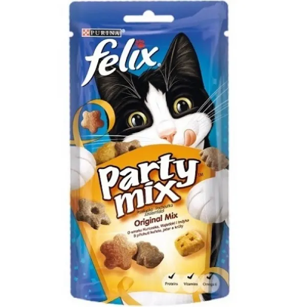 Felix Party Mix - Original Mix - лакомства за израснали котки над 1г. с вкус на пилешко, пуешко месо и черен дроб - 60гр.