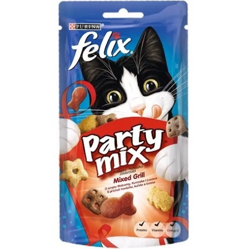 Felix Party Mix - Mixed Grill - лакомства за израснали котки над 1г. с вкус на говеждо, пиле и сьомга - 60гр.