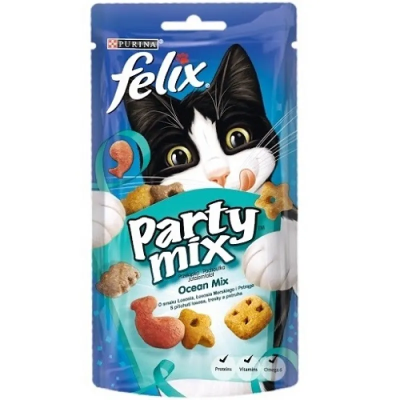 Felix Party Mix - Ocean Mix - лакомства за израснали котки над 1г. с вкус на сьомга, полок и пъстърва - 60гр.