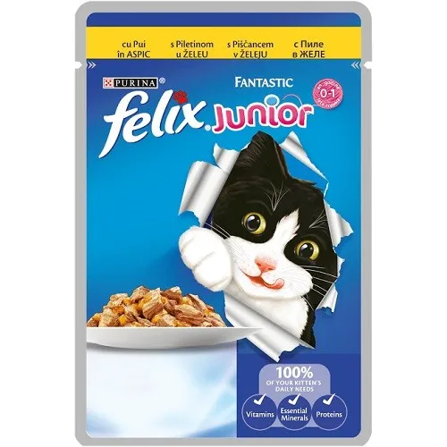 Felix Fantastic Junior with Chicken in Jelly - мокра храна за подрастващи котенца до 1г. с пилешко месо в желе - 100гр.