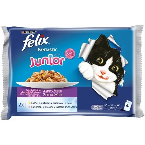 Felix Fantastic Junior Mixed Selection  in Jelly - мокра храна за подрастващи котенца до 1г. с пилешко месо и сьомга в желе - 4x85гр.