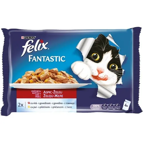 Felix Fantastic Adult Mixed Selection In Jelly - мокра храна за израснали котки над 1г. с пилешко и говеждо месо в желе - 4х85гр.