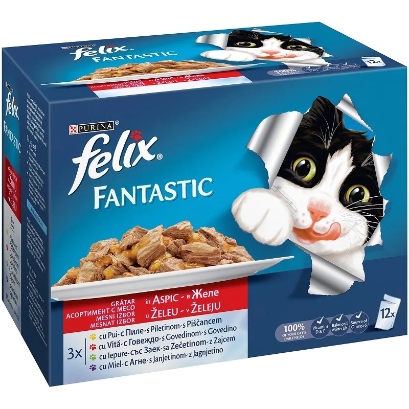 Felix Fantastic Multipak Adult - Mixed Selection In Jelly - мокра храна за израснали котки над 1г. с пилешко, говеждо, заешко и агнешко месо в желе - 12х100гр.
