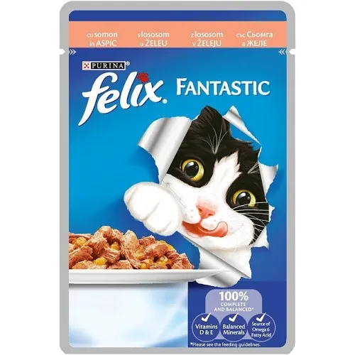 Felix Fantastic Adult With Salmon In Jelly - мокра храна за израснали котки над 1г. с месо от сьомга в желе - 100гр.