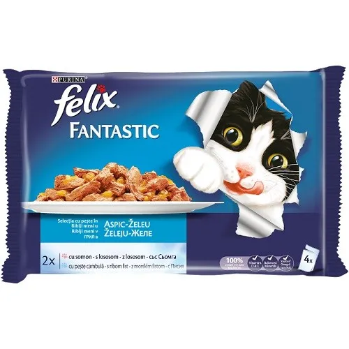 Felix Fantastic Adult - Fish Selection In Jelly - мокра храна за израснали котки над 1г. със сьомга и писия в желе - 4х100гр.