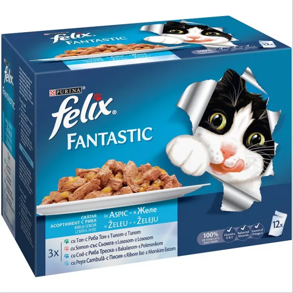 Felix Fantastic Multipak Adult - Fish Selection In Jelly - мокра храна за израснали котки над 1г. с риба тон, тртеска, писия и сьомга в желе - 12х100гр.