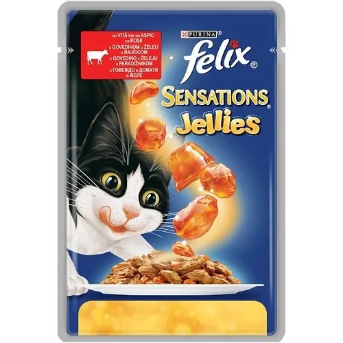 Felix Sensations Jellies Adult With Beef&Tomato - мокра храна за израснали котки над 1г. с говеждо месо и домати в желе - 85гр.