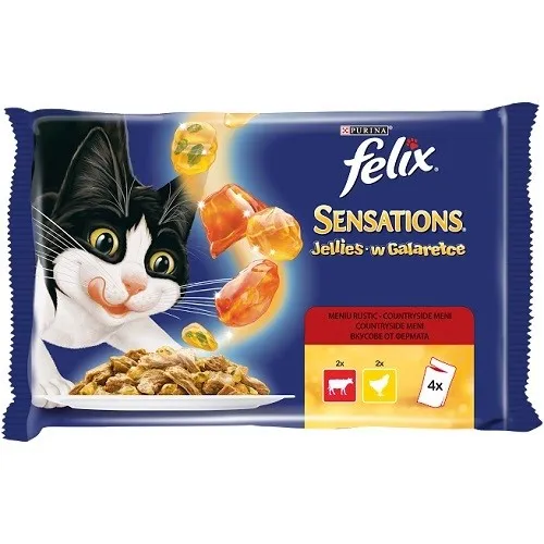Felix Sensations Jellies Adult Mixed Selection - мокра храна за израснали котки над 1г. с пилешко и говеждо месо в желе - 4х85гр.