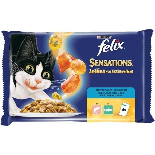 Felix Sensations Jellies Adult Fish Selection - мокра храна за израснали котки над 1г. с различни видове риба и зеленчуци - 4х85гр.