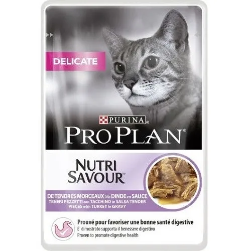Pro Plan Nutri Savour Delicate With Turkey In Sauce - мокра храна за израснали котки над 1г. с чувствителна храносмилателна система и кожа с пуешко месо - 85гр.