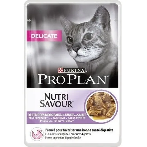Pro Plan Nutri Savour Delicate With Turkey In Sauce - мокра храна за израснали котки над 1г. с чувствителна храносмилателна система и кожа с пуешко месо - 85гр.