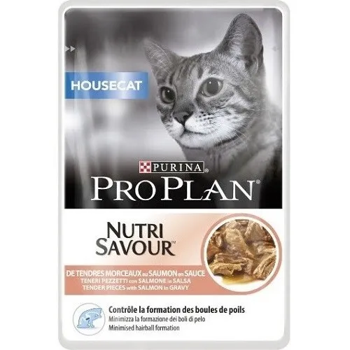 Pro Plan Nutri Savour Housecat With Salmon In Sauce - мокра храна за израснали котки над 1г. живеещи в затворени помещения с месо от сьомга - 85гр.